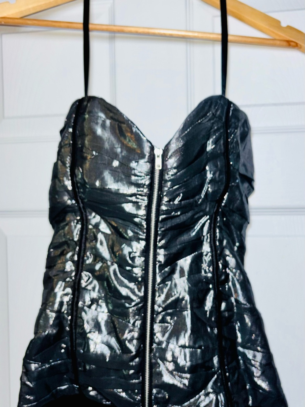 bebe Black Shimmery Zip-Front Ruched Bustier Camisole